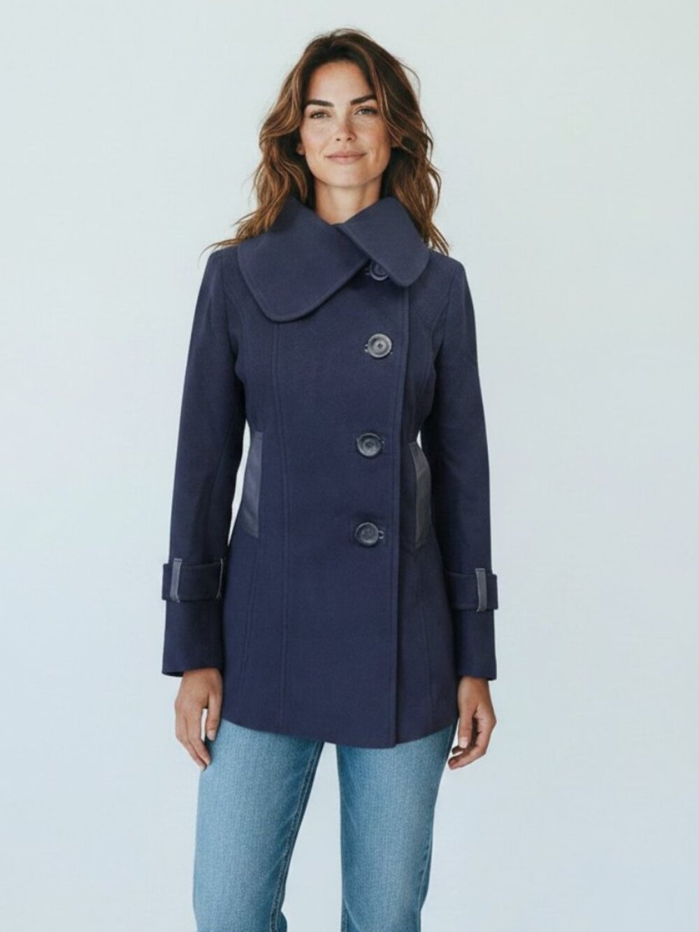 Mackage Navy Blue Peacoat Wool Leather Trim Mid Length Size S Small